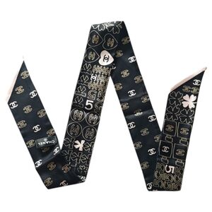 CHANEL Black and Cream Lucky Charms Scarf/Twilly